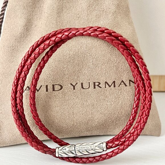 David Yurman Sterling Silver Chevron Triple Wrap Red Blue Leather Bracelet